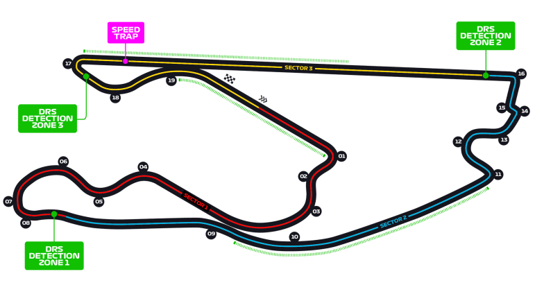 Le tracé du circuit de Miami de Formule 1, avec ses trois zones DRS, ses longues lignes droites et son secteur sinueux.