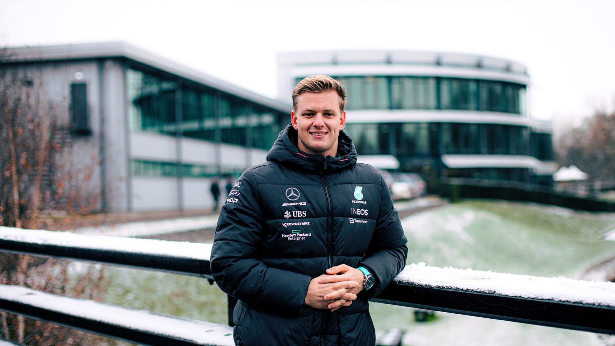Mick Schumacher in front of the Mercedes F1 Headquarters