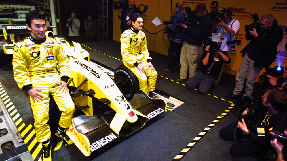 Best F1 car launches: 2002 Jordan EJ12 launch with a DHL in Brussels | Formula 1®